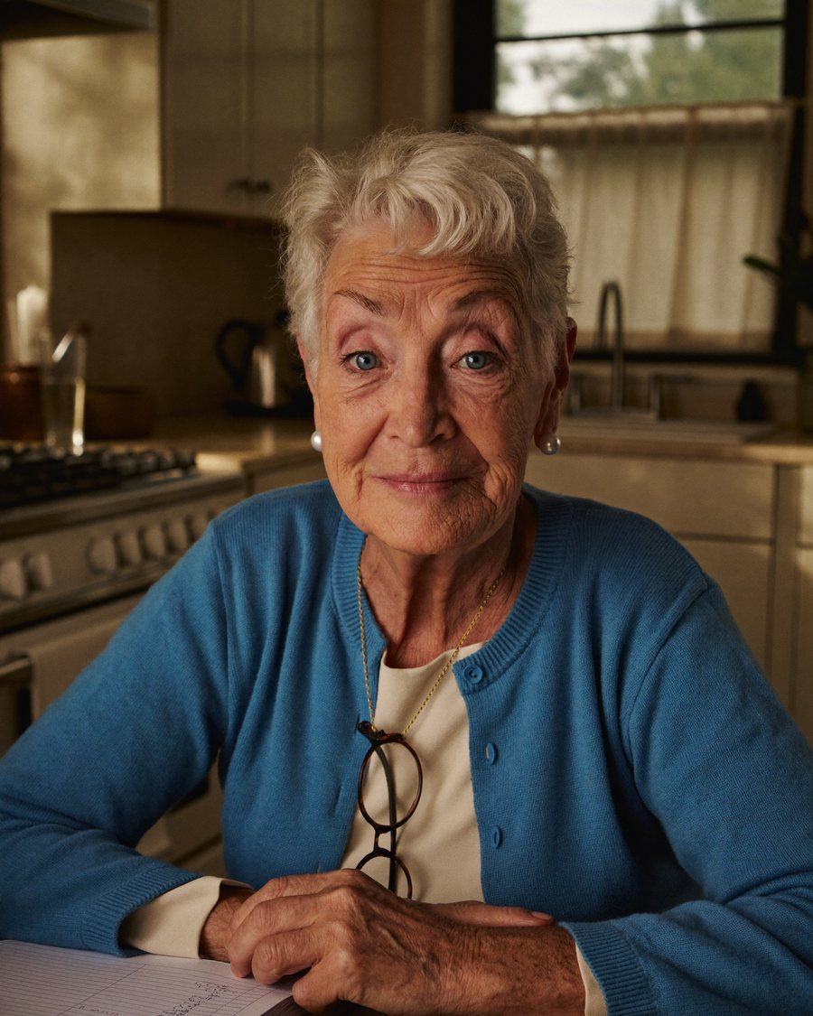 Betty Marlow, an AI character: a grandmother with short silver hair and a blue cardigan at her kitchen table